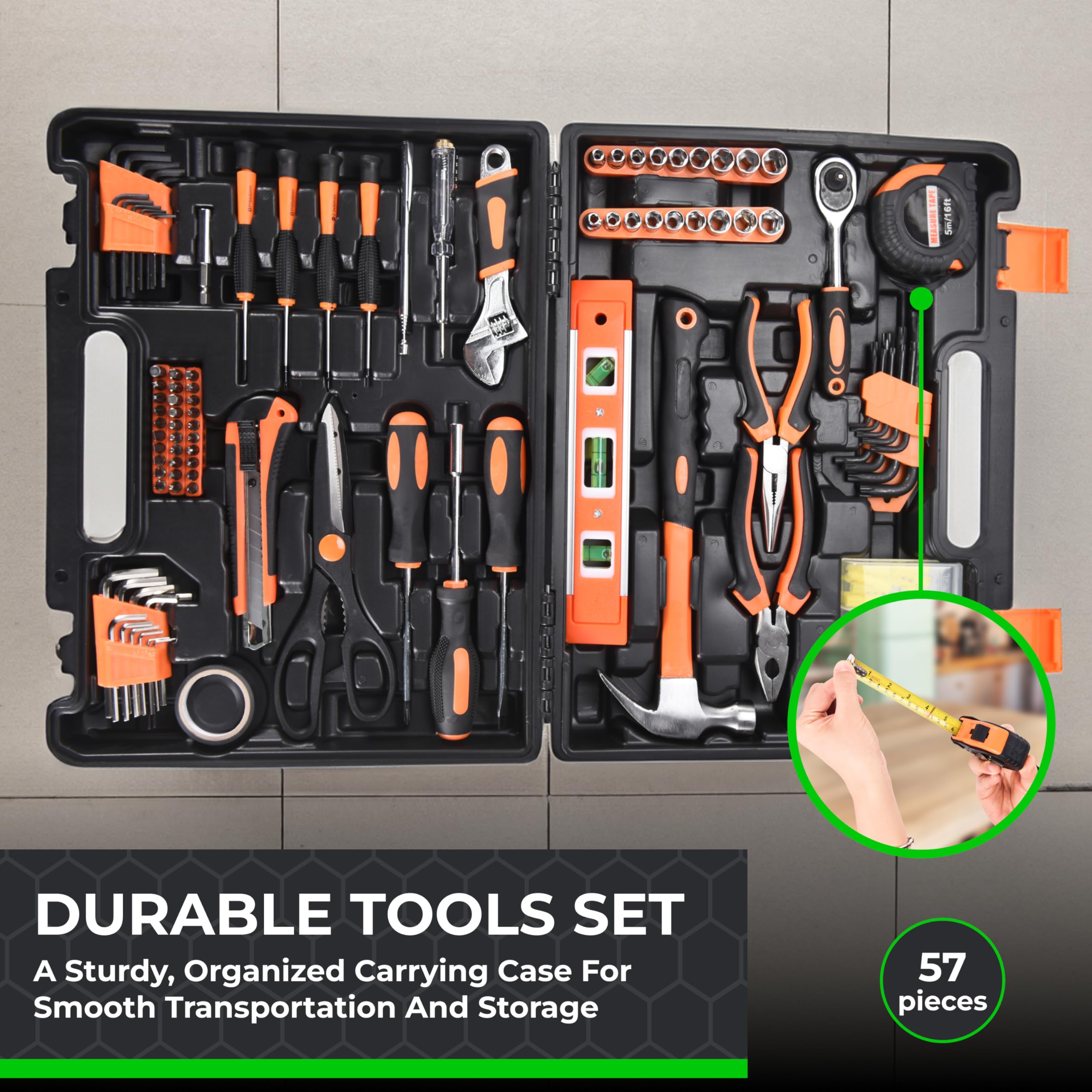 TOOLZILLA 57-Piece Home Mechanic Tool Set - Hand Tool Sets for Men